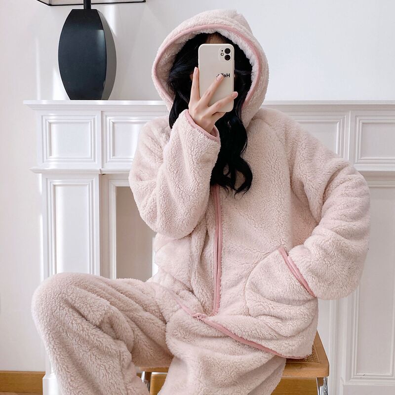 2026 New Cute Cardigan Hooded Lambswool Pajamas Short Plush Thickened Home Wear Winter Warm Set