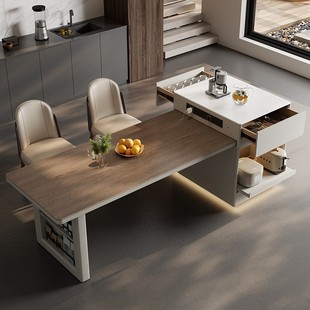 Modern Simple Small Apartment Island Integrated Dining Table Home Storage Retractable Wood Grain Slate Island Long Dining Table