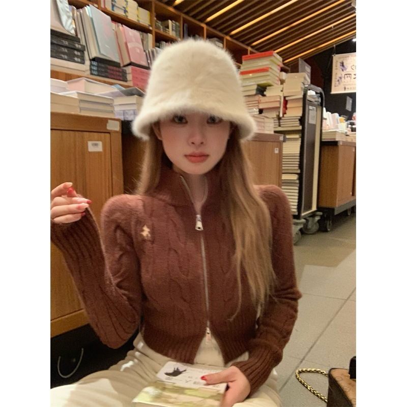 麻花刺绣立领毛衣外套女冬季双拉链针织开衫白色修身短款长袖上衣|undefined