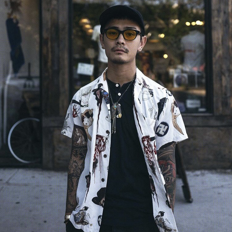 WACKO Hundred Ghosts Night Tour Figure Ukiyo Geisha Sunny Rain Tied Hell Painted Skull Tattoo Hawaiian Shirt