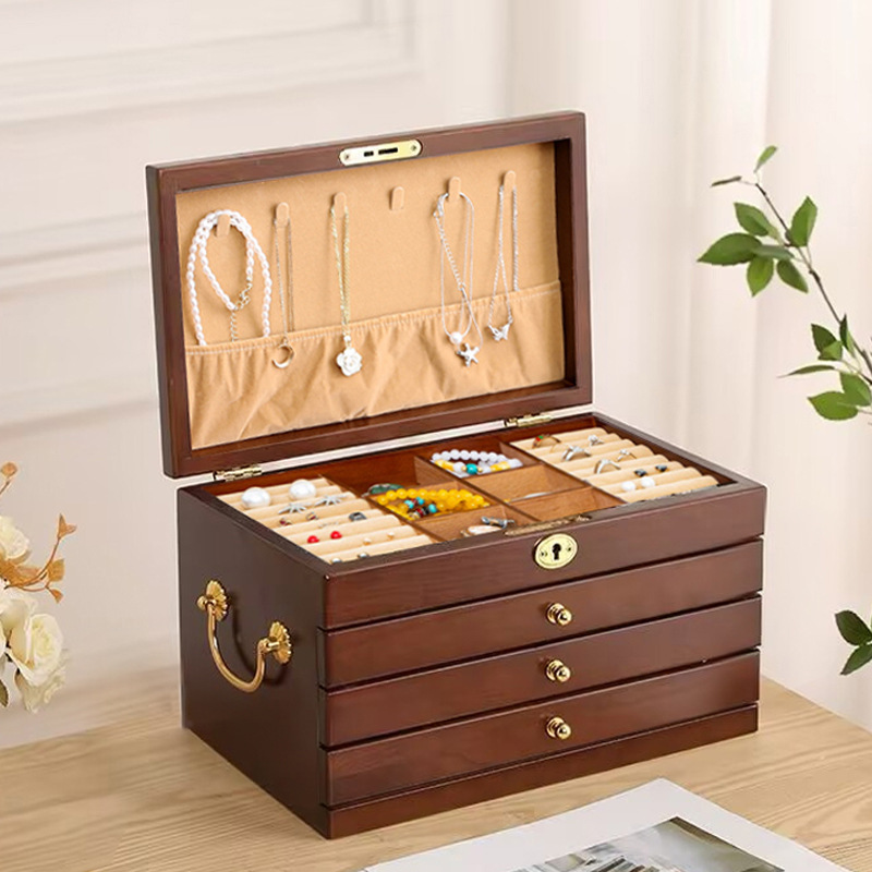 Fábrica transfronteriza caja de joyería de madera pendientes collar caja de almacenamiento caja de joyería de madera maciza vintage caja de anillo de joyería