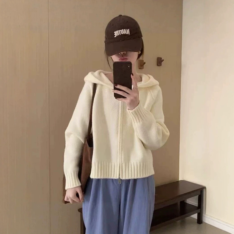 Hooded Knitted Cardigan for Women, Autumn and Winter Korean Style, Lazy Style, Loose Thick Sweater, Double Zipper Women's Hooded Jacket Hooded Knitted Cardigan for Women, Autumn and Winter Korean Style, Lazy Style, Loose Thick Sweater, Double Zipper Women's Hooded Jacket