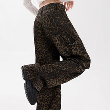 新款豹纹复古美式阔腿工装多口袋牛仔裤子女夏季高腰宽松直筒拖地