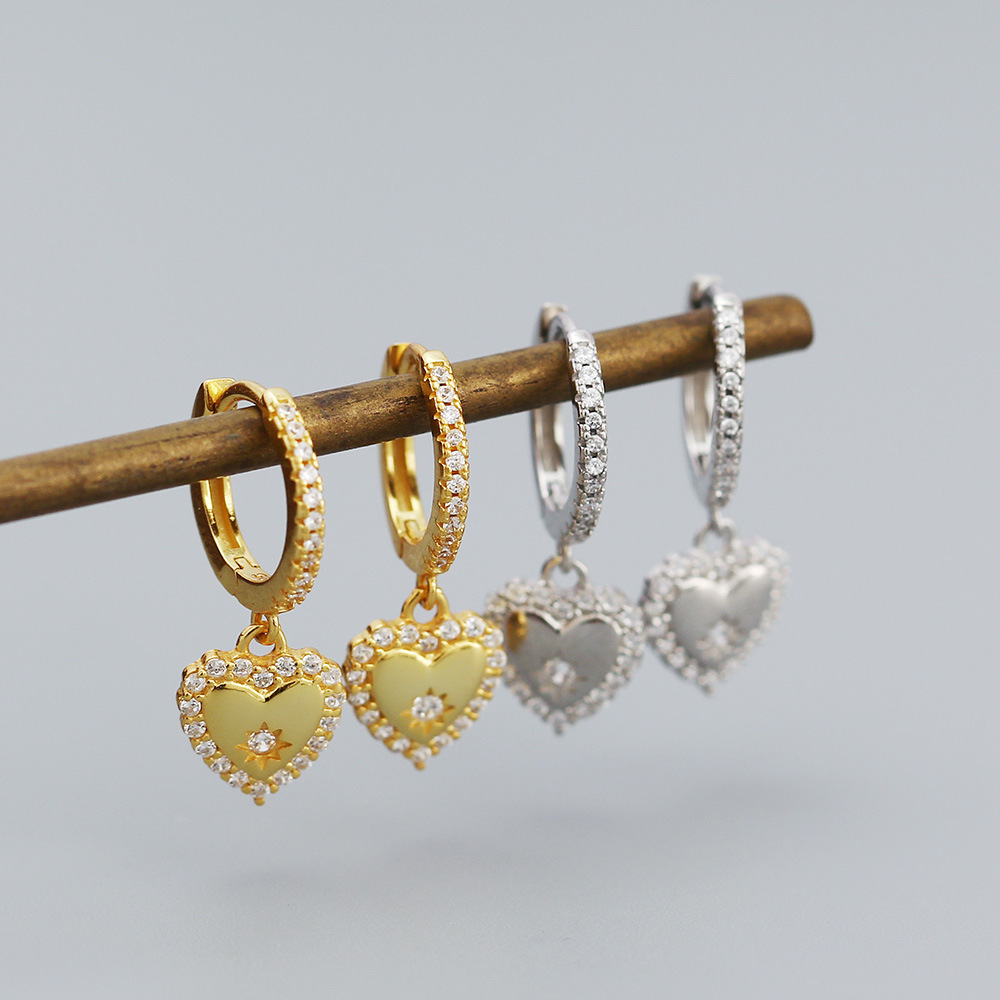 18K Real Gold Plated, Platinum Plated Plating Material Zircon Inlay Material 1 Pair 925 Sterling Silver Heart Shape Drop Earrings Earrings