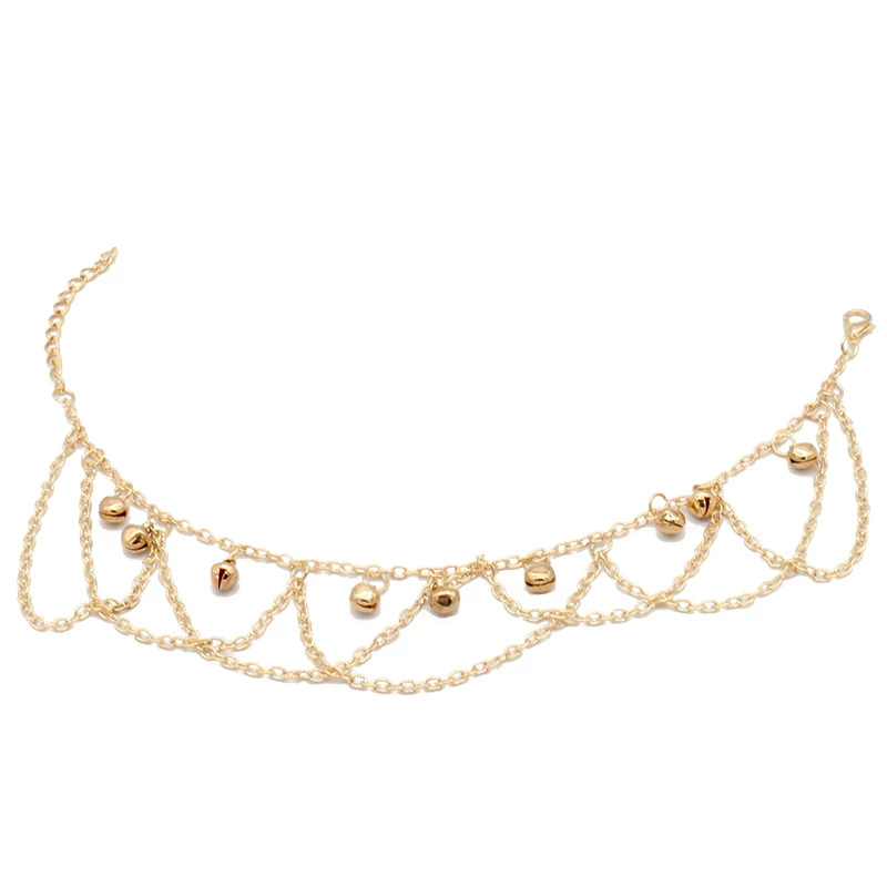 Small bell, summer ankle bracelet, beach wavy chain with tassels, European style, boho style