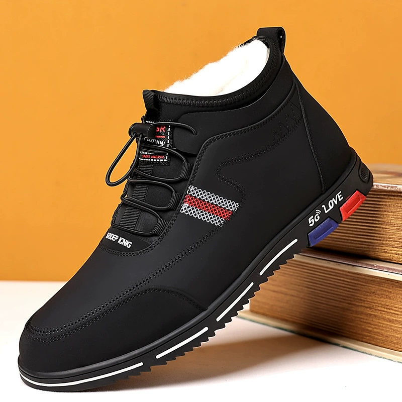 Обувь с хлопковой подкладкой, Мужская зимняя теплая утолщенная повседневная кожаная обувь с высоким берцем на флисовой подкладке, нескользящая Винтажная обувь среднего возраста, цельная доставка