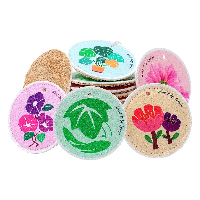 Ronda de dibujos animados pulpa de madera esponja de algodón comprimido pulpa de madera esponja cocina limpieza lavavajillas esponja estropajo trapo
