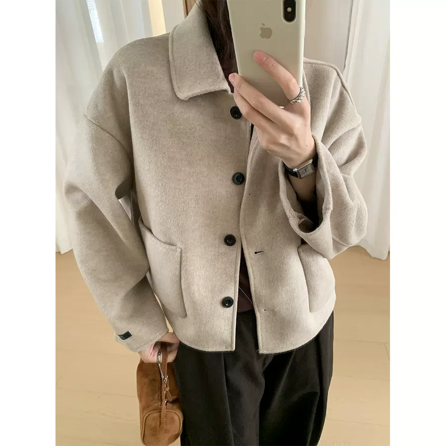 黄峥通勤短款羊毛混纺翻领外套女秋冬高级感小个子呢子上衣541041