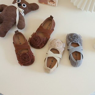 Children's Rabbit Mary Jane Girls' Leather Shoes 2024 Spring and Autumn New Korean Style Flower Cross Strap Baby Girl Shoes