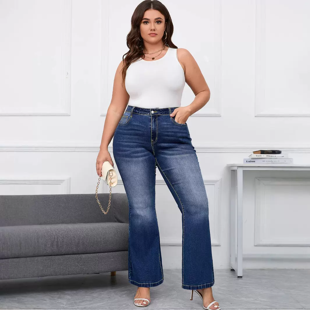 亚马逊跨境大码女装  肥MM春秋装新款弹力微喇休闲显瘦牛仔长裤