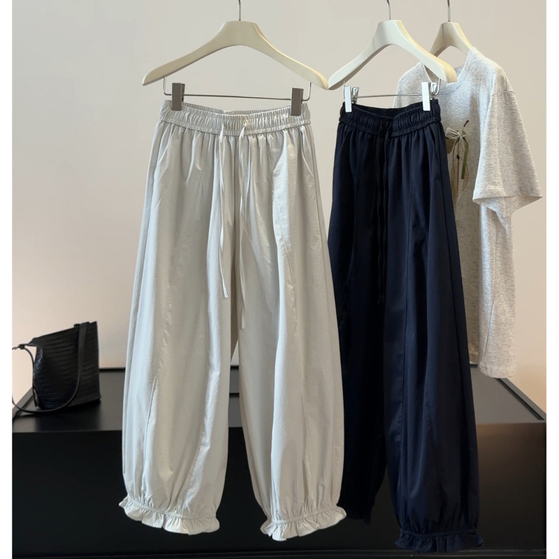 Korean Style Casual Loose Lace-Trimmed Wide-Leg Pants for Women, Summer New High-Waisted Slimming Cropped Lantern Pants Korean Style Casual Loose Lace-Trimmed Wide-Leg Pants for Women, Summer New High-Waisted Slimming Cropped Lantern Pants
