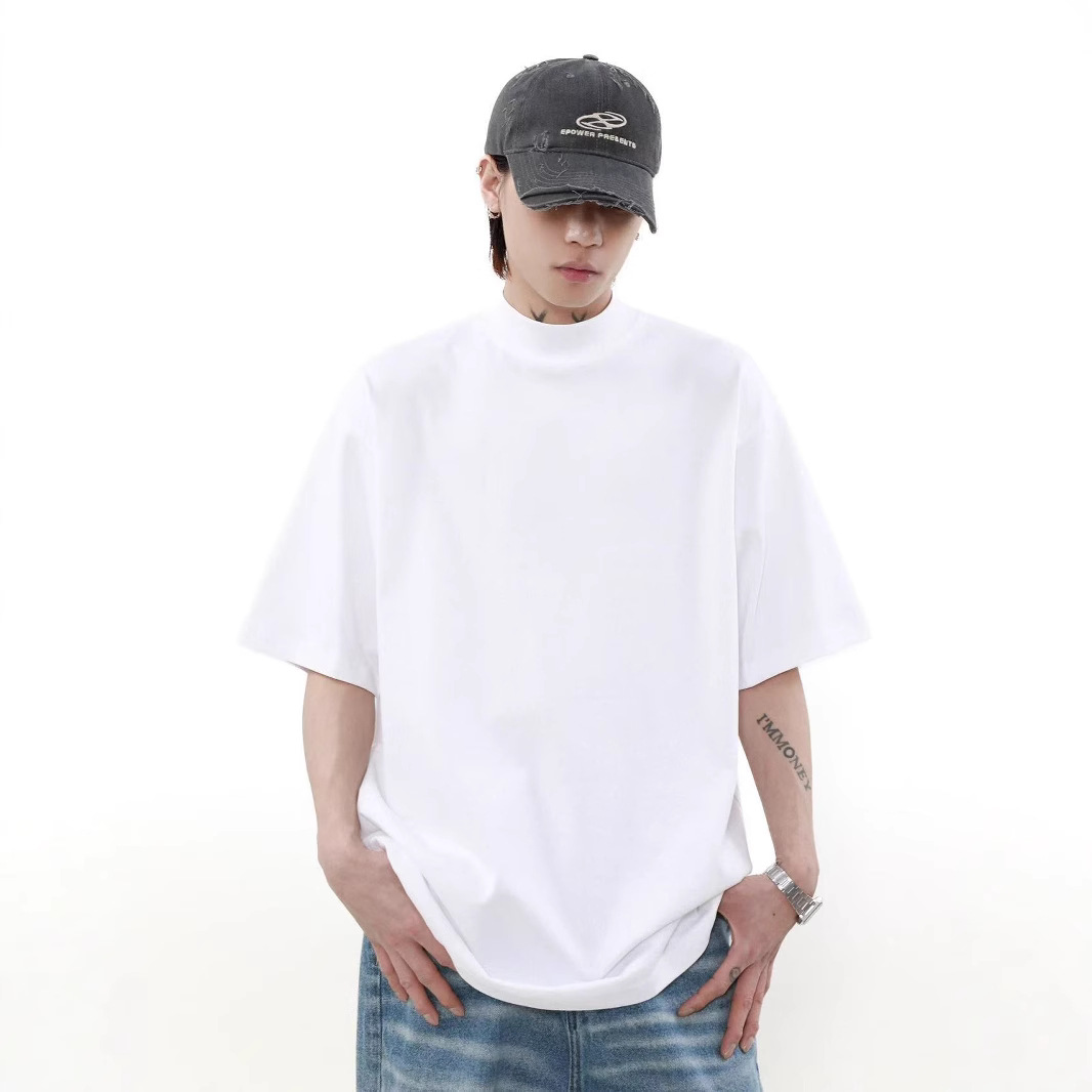 320Gba estilo de casa pequeño cuello de cuello alto mangas cortas camiseta de hombre hombro caído casual pareja casual en la parte superior versátil