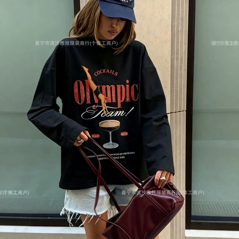 100% pure cotton long-sleeve T-shirt, American style, versatile, fun and fashionable, with diving print, oversized, comfortable for commuting 100% pure cotton long-sleeve T-shirt, American style, versatile, fun and fashionable, with diving print, oversized, comfortable for commuting