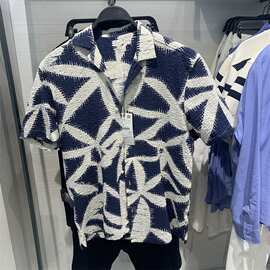 2026夏季新款男装印花泡泡纱衬衣男士古巴领夏威夷宽松短袖衬衫男