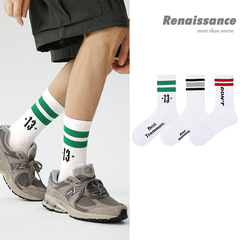 文藝復興原創設計男襪簡約經典條紋運動襪批發3雙禮盒裝中筒襪子