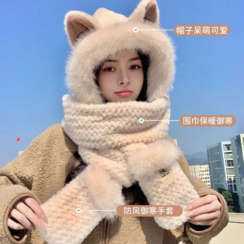 Headband, scarf, and gloves set for winter women, fluffy and warm, one-piece cycling, cute fox ear ear protector