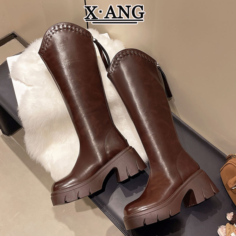 牛皮版棕色靴子女显瘦不过膝长靴厚底增高小个子骑士靴粗跟高筒靴