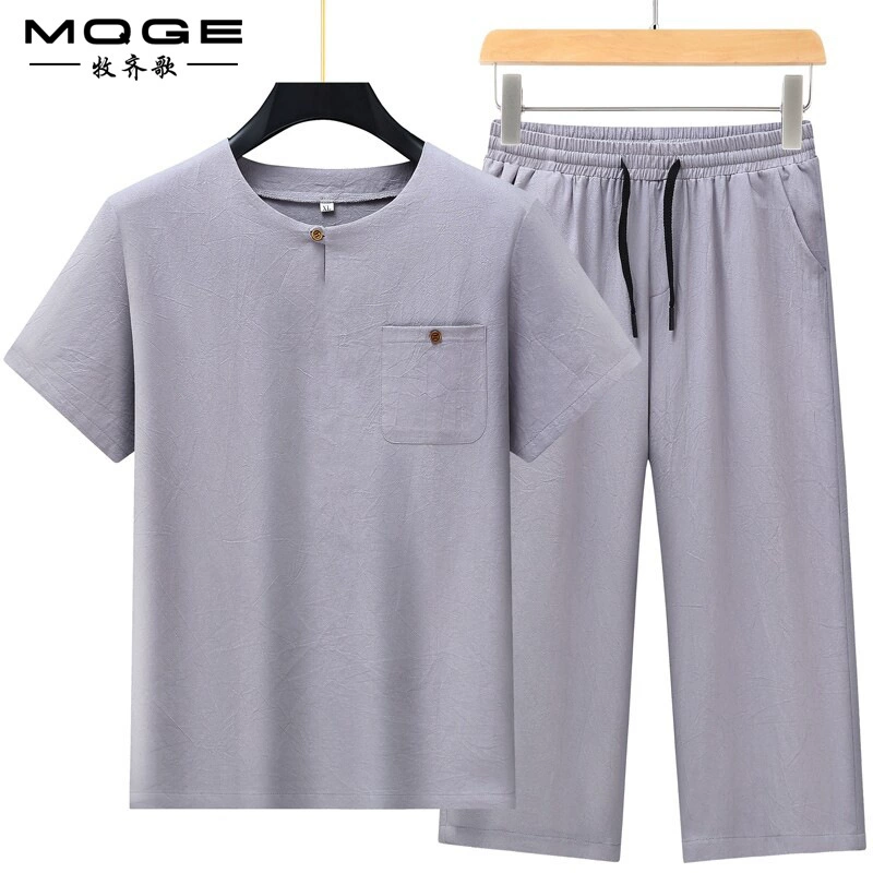 Китайский стиль хлопчатобумажный комплект с короткими рукавами укороченные брюки среднего и пожилого китайского стиля