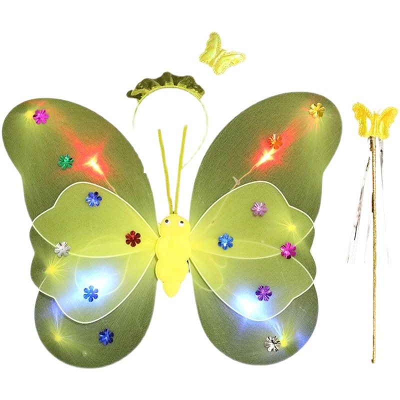 Alas de mariposa luminosas transfronterizas, decoración para la espalda de niñas pequeñas, juguete infantil con luz intermitente, varita mágica de hada, hada de las flores, juego de tres piezas