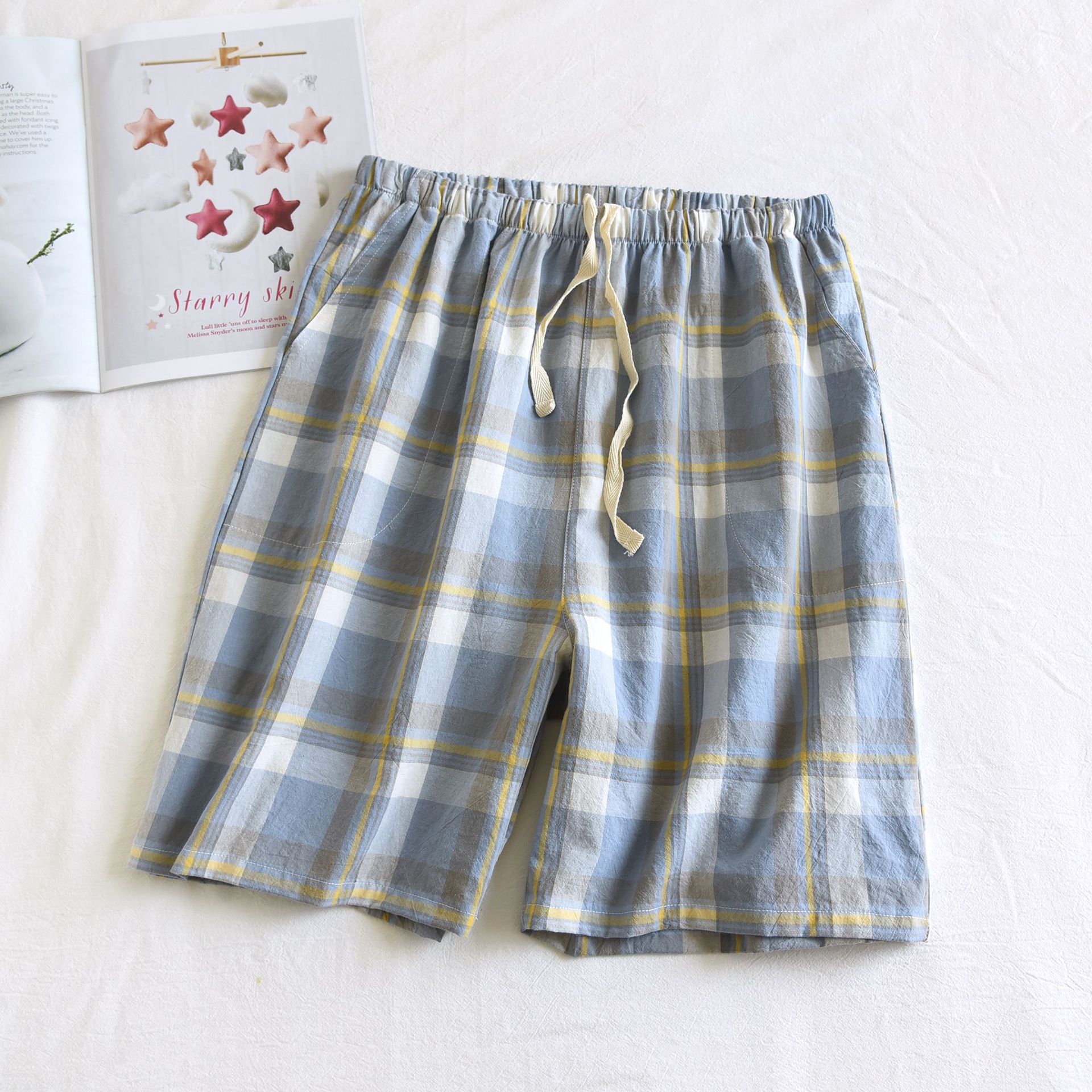 워싱 코튼 반바지-옐로우 라인 블루 격자