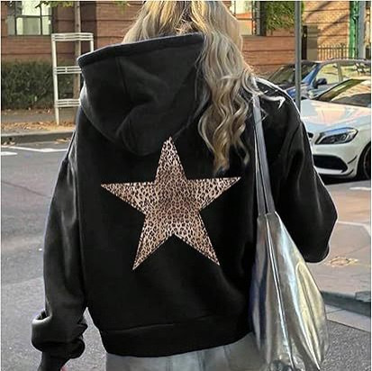 女性ヒョウ柄スタープリントフード付きスウェットシャツカジュアル長袖プルオーバートップス在庫卸売|undefined