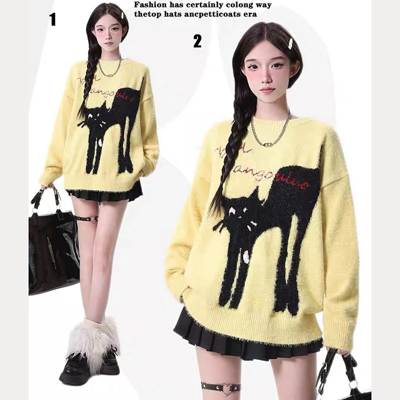 Cross-Border American Retro Sweater for Women, Autumn and Winter New Style, Cat Jacquard Round Neck Knitwear, Loose Long-Sleeve Dopamine Trend Cross-Border American Retro Sweater for Women, Autumn and Winter New Style, Cat Jacquard Round Neck Knitwear, Loose Long-Sleeve Dopamine Trend