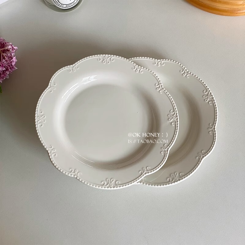 French Ins Retro Style Plate, High-End Embossed Lace White Plate, Breakfast Dish, Flat Plate, Dessert Plate, Cake Plate