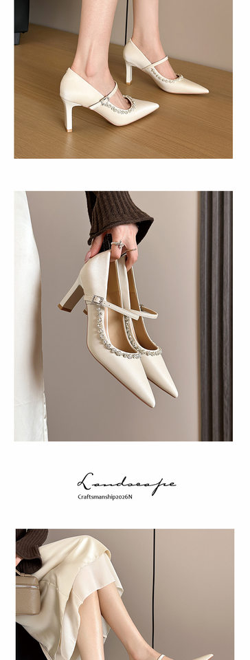 Giày cao gót Mary Jane quai ngang đính đá lụa satin, gót vuông 6–8 cm, mũi nhọn — Màu trắng ngà, Vàng nhạt, màu đen chi tiết 8