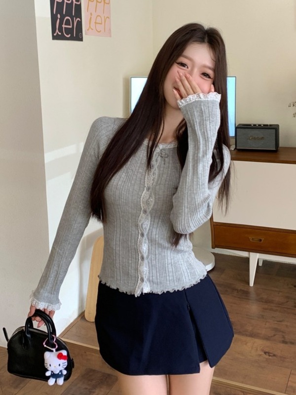 小个子短款蕾丝花边圆领长袖针织衫上衣女装修身显瘦开衫毛衣秋季|undefined