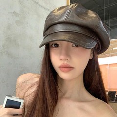韩版PU皮质鸭舌贝雷帽秋冬帽子女款高级感英伦风八角帽百搭画家帽
