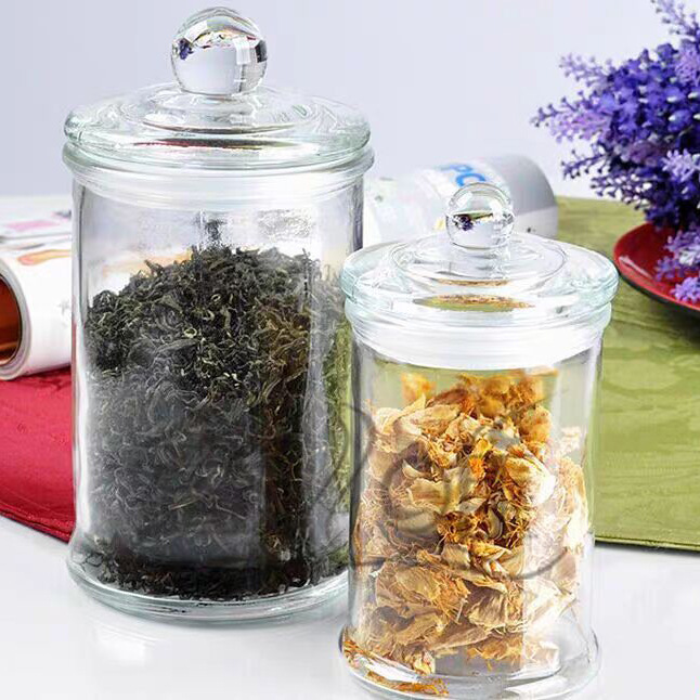 带盖花茶罐玻璃罐透明玻璃密封罐大容量陈皮储存茶叶罐展示罐子