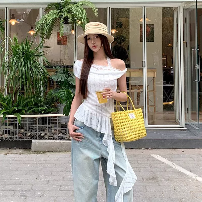 Внешняя торговля, трансграничная чистая тяга, асимметричная кружевная футболка на одно плечо с короткими рукавами, женская летняя новая милая и пряная футболка для похудения