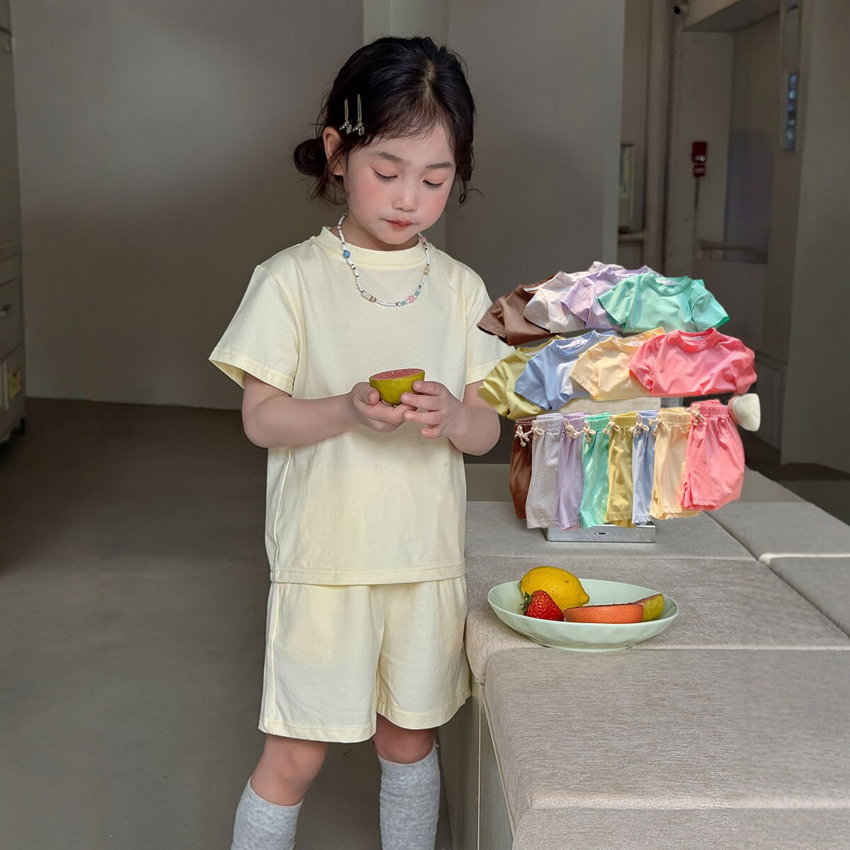 儿童棉短袖短裤套装女童夏装两件套韩版洋气抽绳短裤宝宝家居服