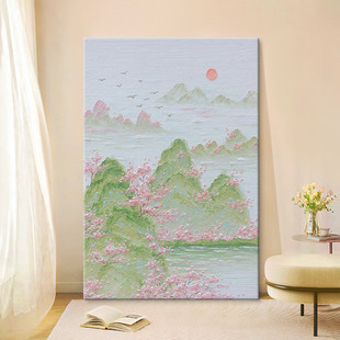 Cream Style Landscape Texture Pure Hand-Painted Oil Painting Pink Healing Flower Living Room Decoration Painting Entrance Hanging Painting
