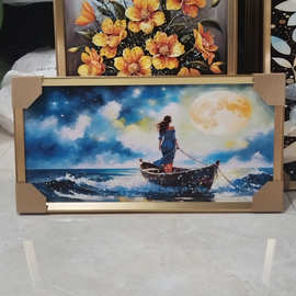 美式风景油画外贸货源镶钻晶瓷画客厅过道背景墙挂画批发烤瓷画