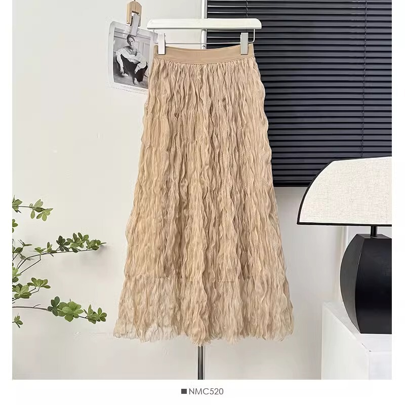 French Style Wave Roll Pleated Draped Elegant High Waist Slim Look Mesh Skirt Women's Summer Holiday Fairy Beach Skirt