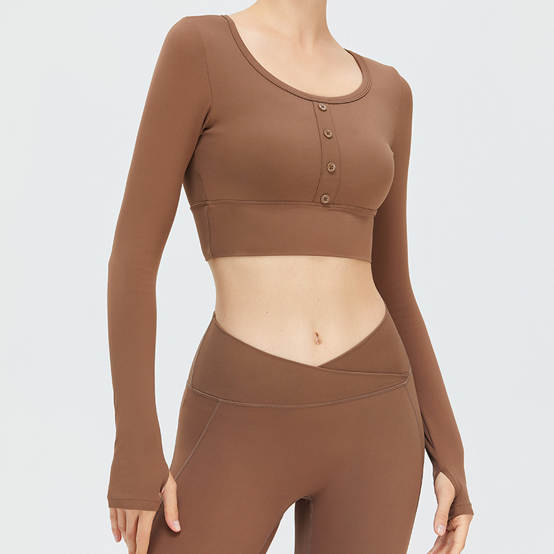 Nueva ropa de yoga desnuda de manga larga almohadilla en el pecho de las mujeres U-Collar Amortiguador de deportes apretados Top running ropa de entrenamiento de desgaste exterior