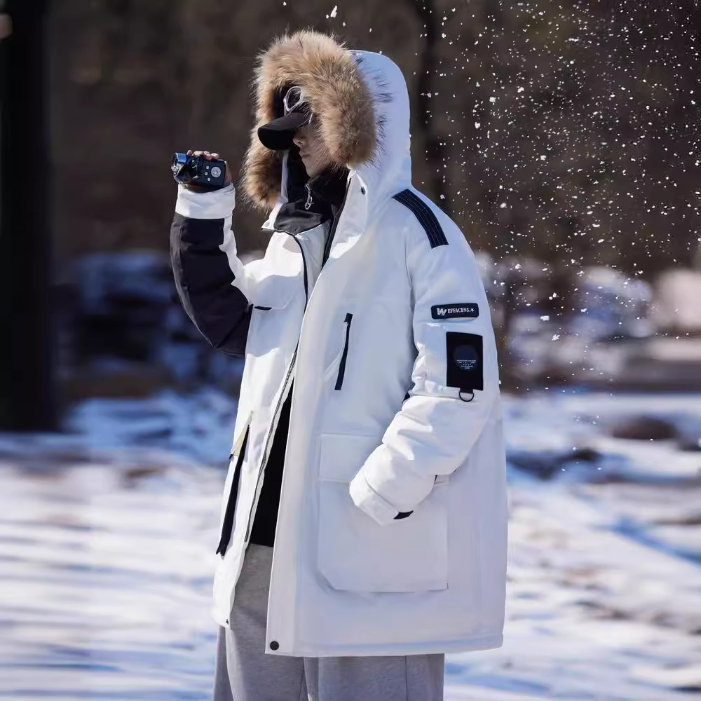 Fashionable autumn winter warm faction overcomes the simple large fur collar, loose cold resistant mid to long white men_voghion.com