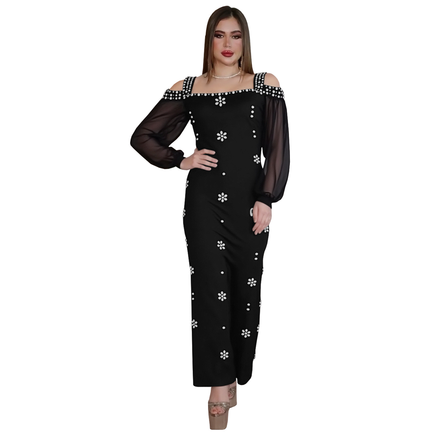C7415 Cross-border AliExpress Amazon Ropa de mujer de moda europea y americana Elegante vestido delgado de malla de cuello cuadrado de diamantes calientes image 7