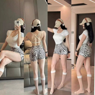 Fitness Seamless Knitted Printed Yoga Shorts Rolled Iron Women's High Elastic Fitness Clothes Leopard Print Hip Show Sports Shorts
