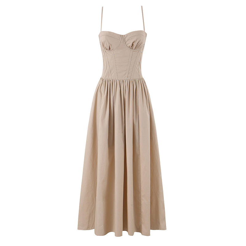 French Retro Style Summer Sexy Hottie Style Waist-Cinching Slim-Fitting Suspender Dress Solid Color Cotton Long Dress French Retro Style Summer Sexy Hottie Style Waist-Cinching Slim-Fitting Suspender Dress Solid Color Cotton Long Dress