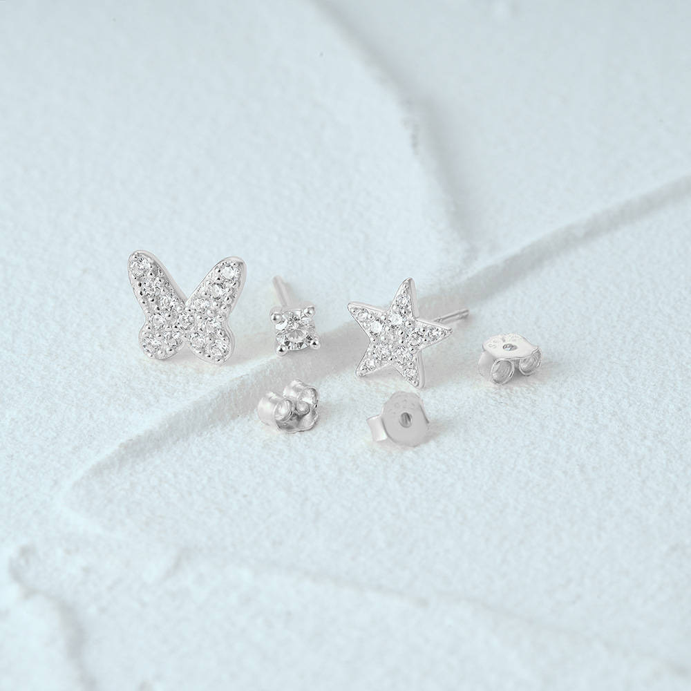 3g Weight Ear Studs Classification 1 Set Quantity Daily Occasion 925 Sterling Silver Material Star, Butterfly Pattern Women's Gender Plating Design Simple Style Style 1 Set 925 Sterling Silver Star Butterfly Ear Studs 105