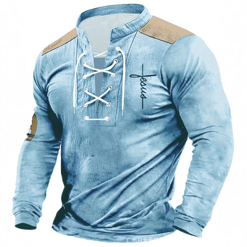 Cross-Border Vintage Patchwork Lace-Up Henry Long-Sleeve T-Shirt for Men with Cross and Letter Design Retro Top with Drawstring Long Sleeves