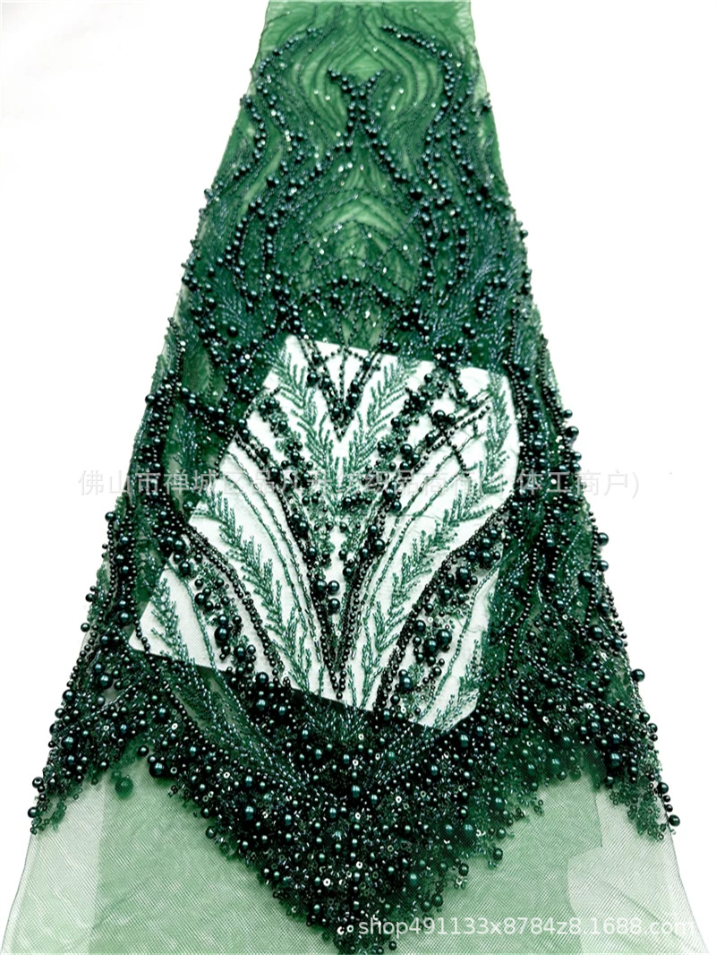 Peacock Feather Heavy Duty Pearl Pipe Mesh Fabric Fonytail Clavado a mano Beads Fishtail vestido de boda tela