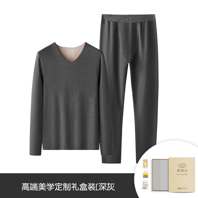 Conjunto de ropa interior térmica de lana y seda con cuello en V para hombre, otoño e invierno, con forro polar y capa base gruesa.