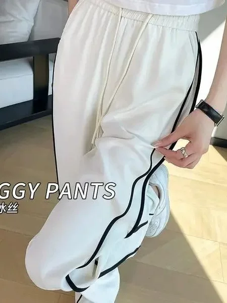Ice Silk Sports Pants for Women, Spring and Summer Thin New Style, Loose High-Waisted Casual Quick-Dry Two-Stripe Straight Wide-Leg Pants