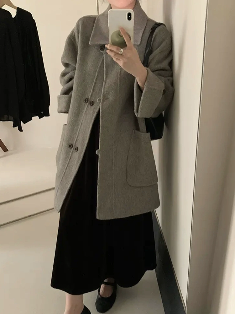 Woolen double-sided autumn long coat, mid-length, Korean style, for teenagers