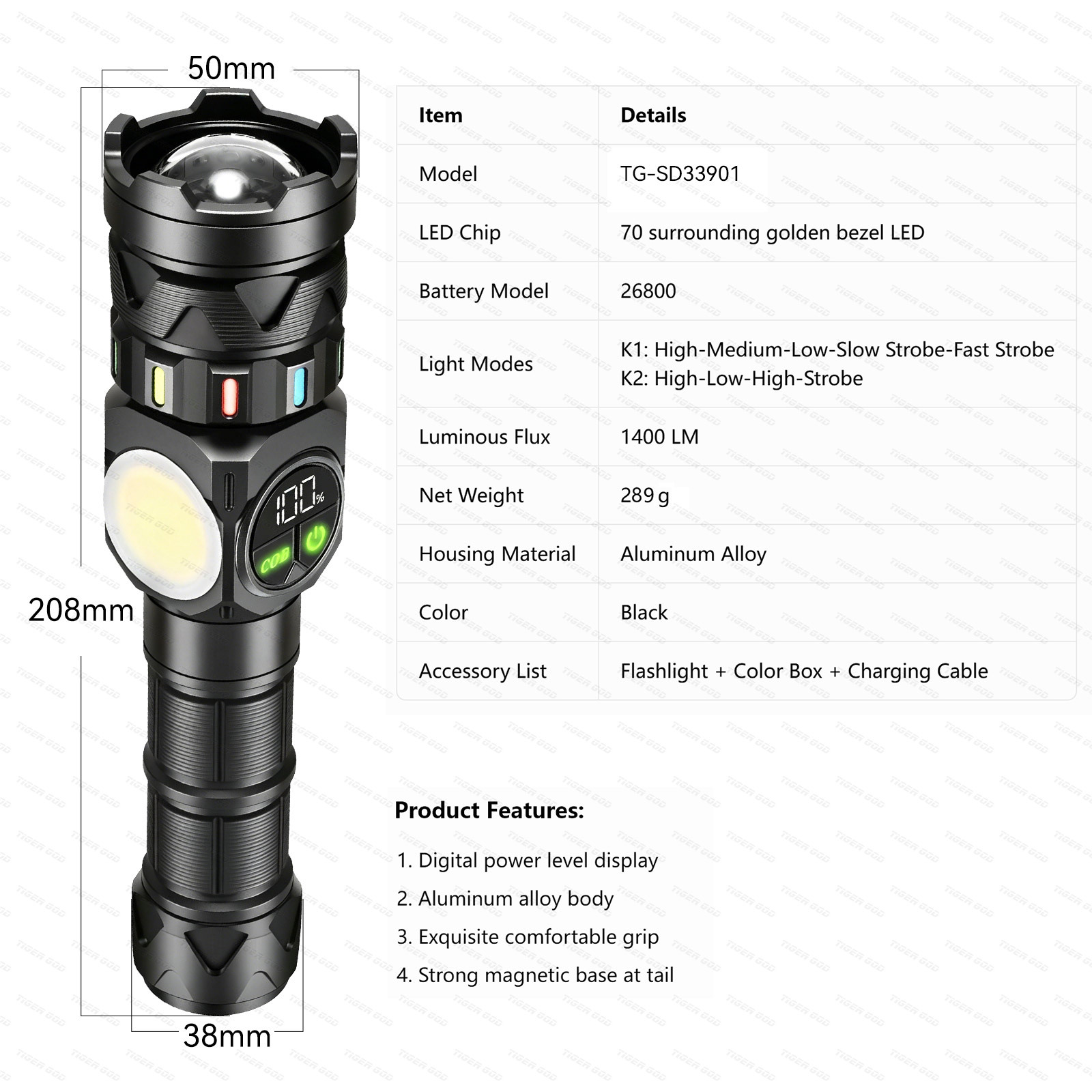 Tangguang's New High-Light Flashlight, Ultra-Bright, Retractable, Portable, Type-C High-Power Charging Outdoor Mountaineering Long-Range Light