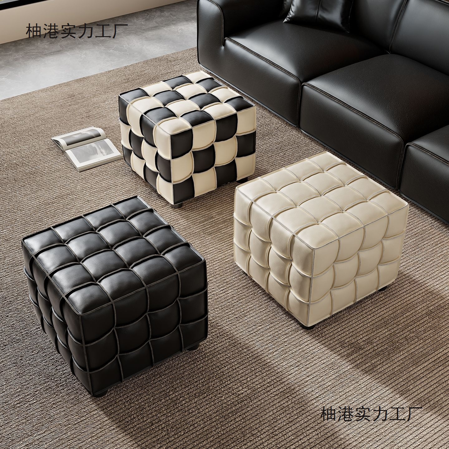 Light Luxury Italian-Style Sofa Stool for Entryway Shoe Changing, Genuine Leather Stool for Living Room Seating, Footrest, Household Small Stool, Coffee Table Stool, Wooden