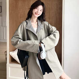日系复古立领穿格子风衣外套女秋冬2025新款宽松中长款英伦风大衣